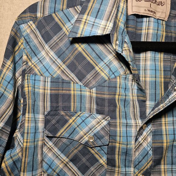 Wrancher By Wrangler Blue Plaid Men Button Down Shirt White Pearl Snap Size L - Picture 4 of 7